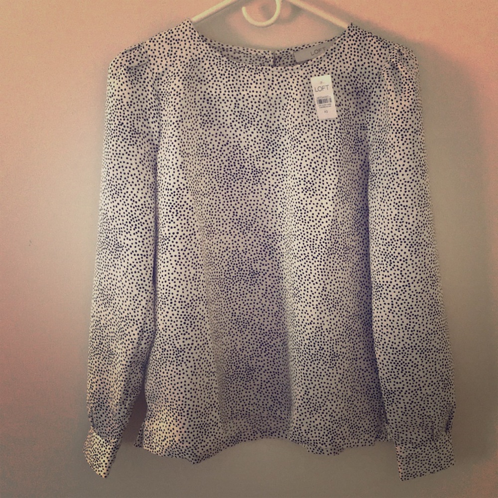 LOFT XS Blouse Longsleeve White with Black Dots